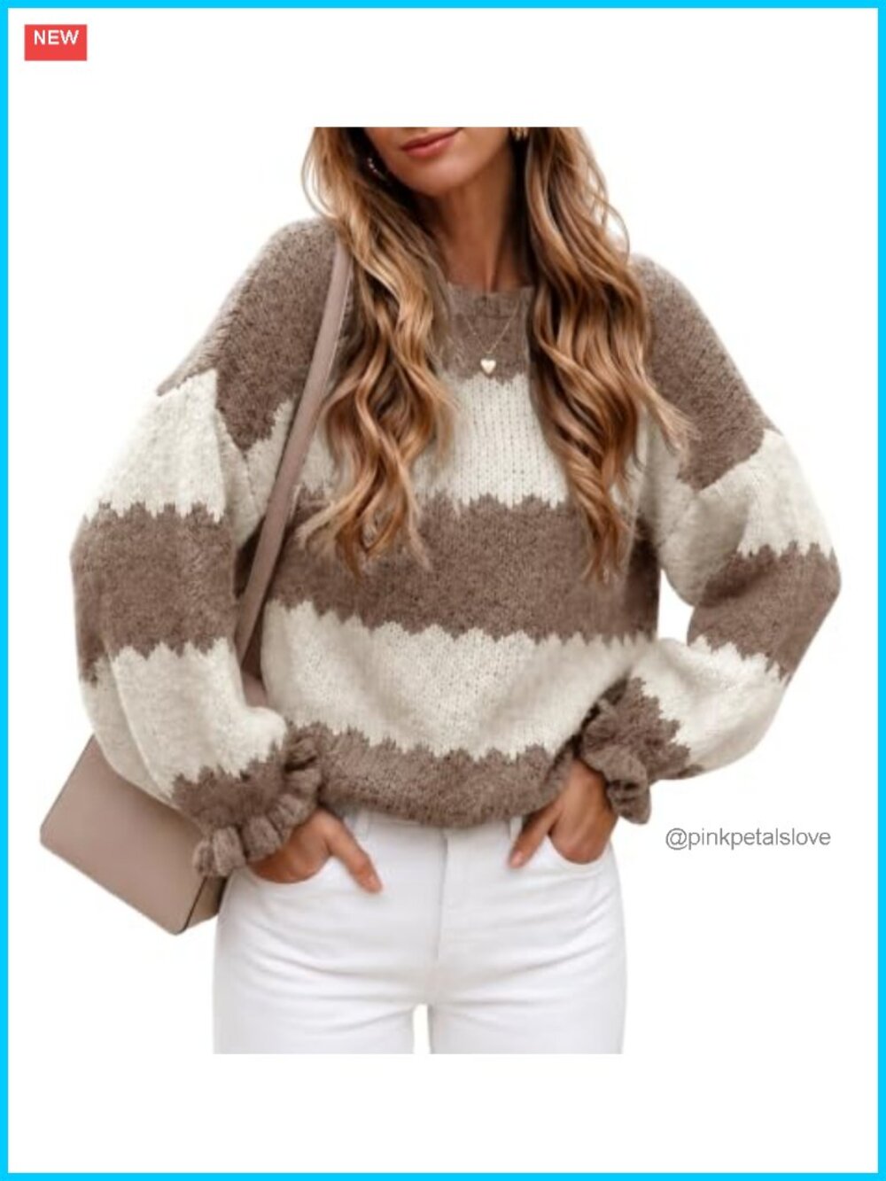 Ribbed Knit Striped Color Block Sweater Ruffle Puff Sleeve Loose Fit Pullover